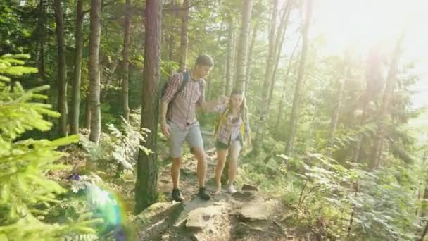 Een jong koppel reist langs een schilderachtige plaats in het bos, een man helpt een vrouw om te wandelen langs het pad — Stockvideo