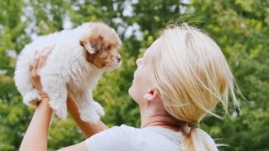 Bir kadın kahverengi bir köpek yavrusu gözü üstünde onun elinde tutuyor. Güzel hayvan. Arkadan görünüm