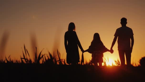子を持つ親は、日の出を眺め美しい場所に立っています。手を触れる。幸せな家族の概念 — ストック動画