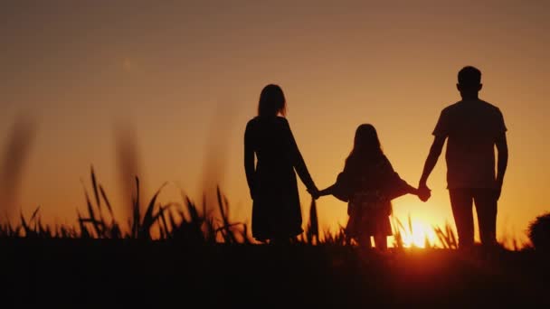 Los padres con el niño están en un lugar pintoresco, admirando el amanecer. Tomados de la mano. Concepto de familia feliz — Vídeo de stock