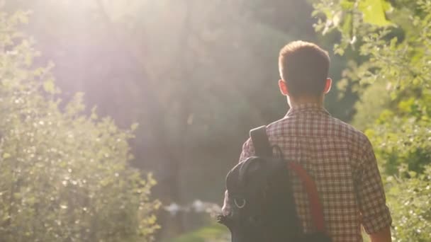 Подросток с рюкзаком идет по парку, солнце светит в камеру, красивый блеск — стоковое видео