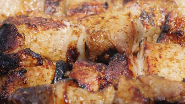 Juicy shish de cerdo kebab se fríe en una parrilla — Vídeo de stock