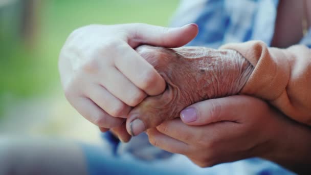 Eine junge Frau hält eine ältere Dame an der Hand. Enkelin hält die Hand seiner Bauschka in den Händen — Stockvideo