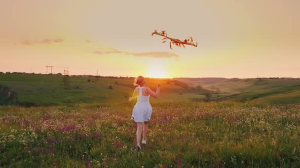 Una donna felice spensierata che corre con un serpente in un posto pittoresco al tramonto. Momenti felici di vita — Video Stock