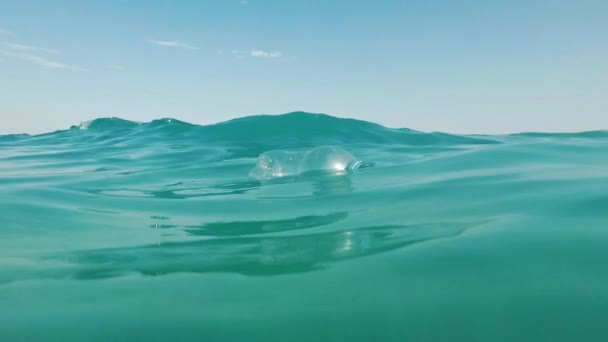 空のペットボトルは、海水に浮かぶ。廃棄物と海の汚染が悪いエコロジー コンセプトです。 — ストック動画