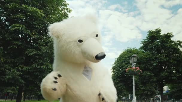 A close-up of a polar bear, a cool growth doll waving her hand to the camera