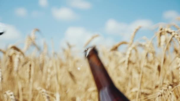 Vor dem Hintergrund eines gelben Weizenfeldes öffnet ein Mann eine Flasche kaltes Bier. natürliches Bio-Produktkonzept — Stockvideo