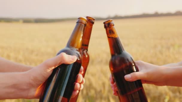 Un gruppo di amici sbatte i bicchieri di bottiglie di birra sullo sfondo di un campo di grano giallo. Celebrazione del concetto di raccolto e festa — Video Stock