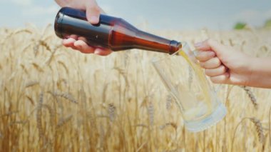 Taze bira bir kupa olgun buğday arka planı