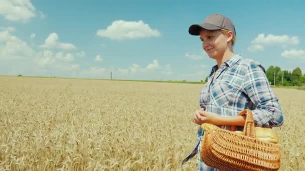 Un granjero con una cesta de pan camina por el campo de trigo. Buena cosecha, concepto de productos orgánicos — Vídeos de Stock