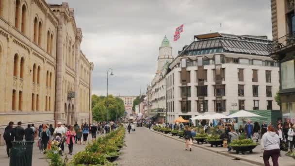 Une Vue Long Rue Karl Johans Vers Palais Royal Une — Video