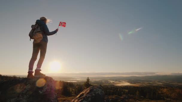 En kvinna står på toppen av ett berg, håller för norsk flagg i handen. Ser fram emot landskap att episka ahead — Stockvideo