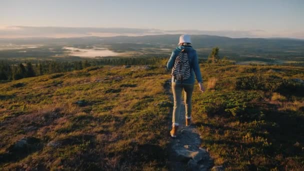 En kvinna resenär med en ryggsäck bakom hennes rygg promenader genom pittoreska högländerna i Norge — Stockvideo