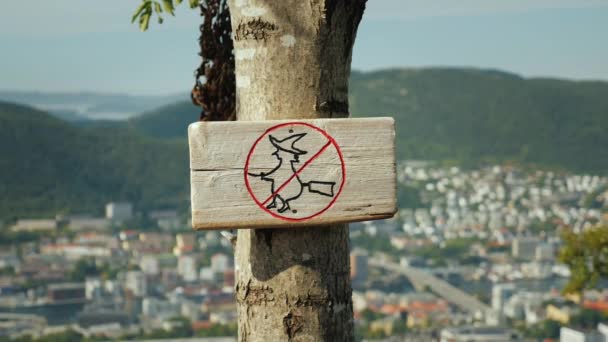 Una tablilla con una foto de una bruja cruzada en un palo de escoba. Una señal que prohíbe a las brujas volar. En el fondo, la ciudad de Bergen en Noruega — Vídeos de Stock