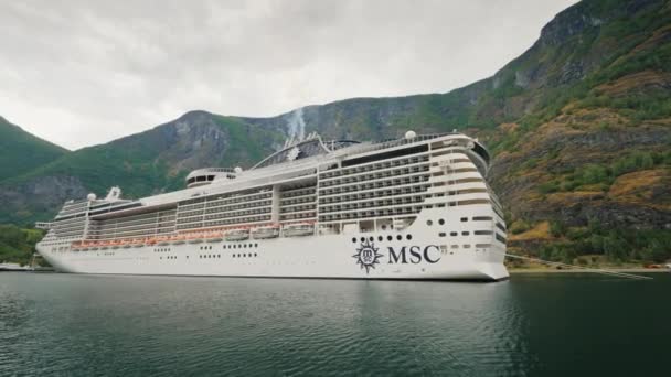 Huge Ocean Liner Moored Coast Picturesque Norwegian Fjord Video — Stock Video
