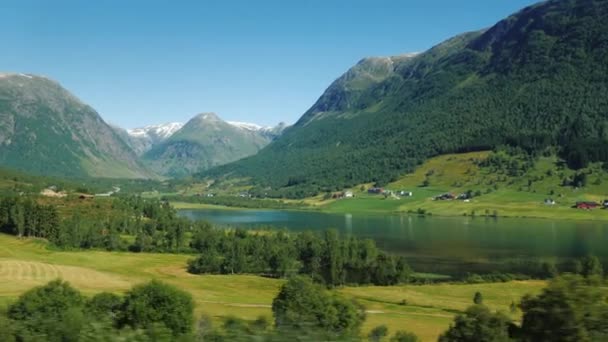 A picturesque Norwegian fjord, on the banks along the water, traditional wooden houses. Idyllic landscape, view from the window of a traveling car — Stock Video