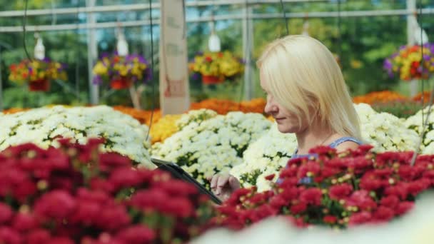 Um jovem cliente escolhe flores no berçário. Usa um comprimido — Vídeo de Stock