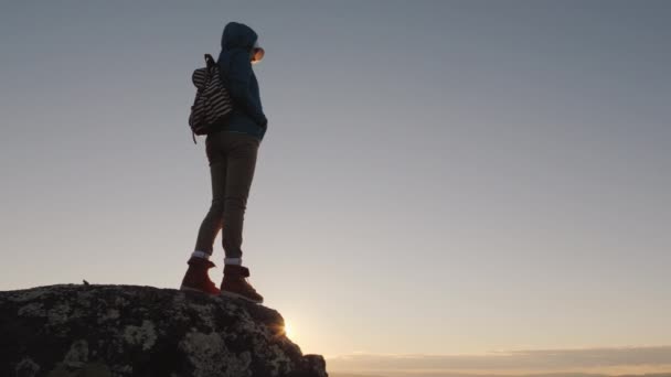 Μια επιτυχημένη ενεργό γυναίκα στέκεται στην κορυφή ενός βουνού με ατελείωτες ορίζοντες στο μέτωπο. Στην κορυφή του κόσμου η έννοια — Αρχείο Βίντεο