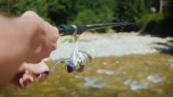 Fishermans manos con spinning, pesca cerca de un pequeño río de montaña — Vídeos de Stock