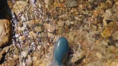 Kauçuk bir erkekte dağ nehir geçiş yapar. POV video