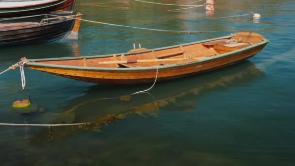 Невеликий дерев'яний рибальський човен скелі на хвилях біля берега — стокове відео