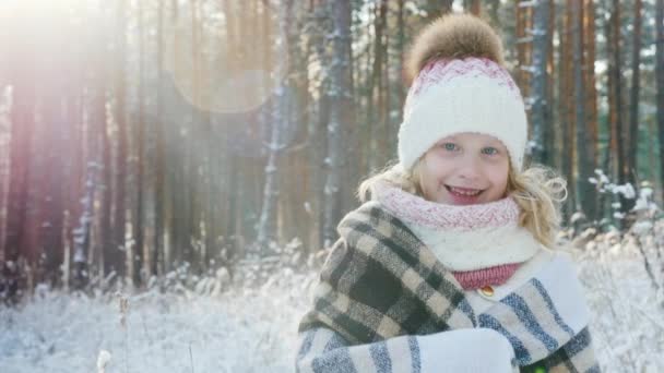 Portrét malé radostné holčičky, zabalené v plaid v zasněženém zimním lese — Stock video