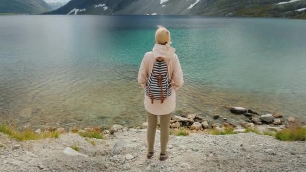 Una mujer admira un hermoso lago de alta montaña en las montañas de Noruega. Grúa tiro — Vídeo de stock