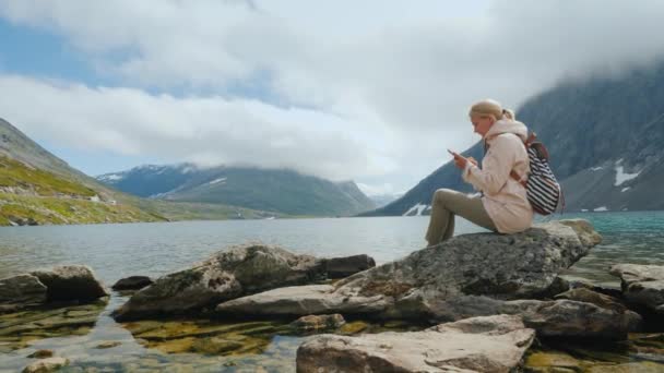Ένας ταξιδιώτης χρησιμοποιεί ένα smartphone υψηλή στα βουνά κοντά το highland Νορβηγικά λίμνη. Επιτυχημένη γυναίκα σε επαφή παντού — Αρχείο Βίντεο
