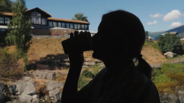 Pencerenin yanında kahve içme kadın silüeti. Norveç dağlarında yüksek kafede oturur — Stok video