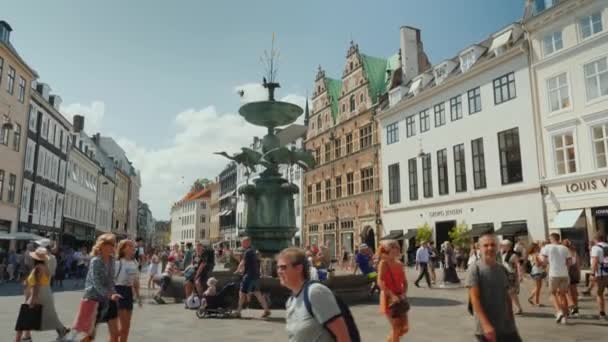 Kopenhagen, Denemarken, juli 2018: Ooievaarsfontein is gelegen op Amagertorv in het centrum van Kopenhagen, Denemarken. — Stockvideo