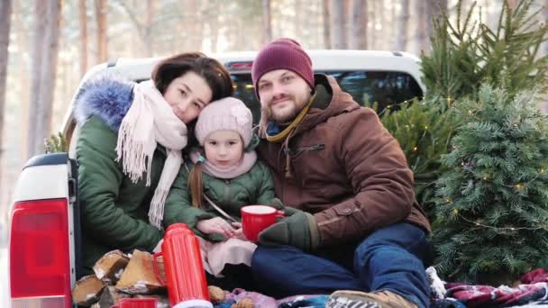 Una familia joven y feliz preparándose para la mañana de Navidad, sentada en la parte trasera del coche después de una compra exitosa del árbol de Año Nuevo, sonriendo a la cámara — Vídeo de stock