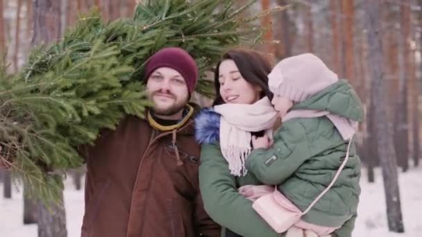 Två föräldrar med ett barn som kör ett nytt år-träd på en släde på en snöig skog. — Stockvideo