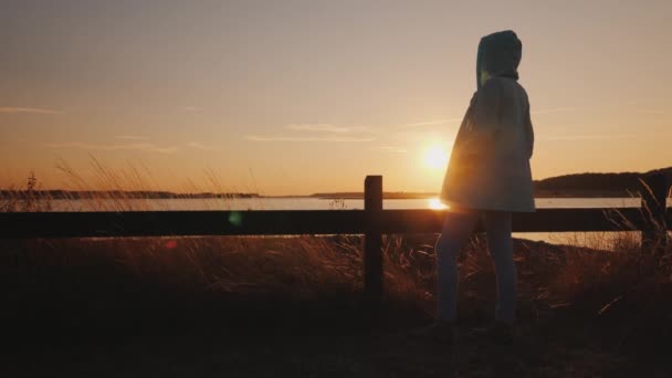 Magányos nő sziluett. Ül a kerítésnél, csodálja a naplementét a tó felett. — Stock videók