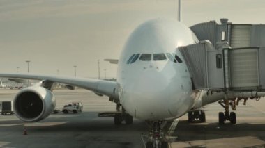 Yolcular büyük bir uçak merkezinde kurulu. Uçak giren insanların görünür siluetleri