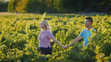 Genç çift bağ yürüyüş seviyorum. Turizm ve şarap tadımı kavramı