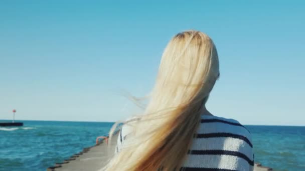 Una mujer con el pelo largo pasea a lo largo del muelle, el viento enrosca su pelo. Vista trasera — Vídeos de Stock