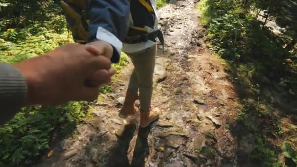 Egy pár turista egymás kezét, és séta az erdőben, köves, csúszós görbére. Csak a lábak láthatók. — Stock videók