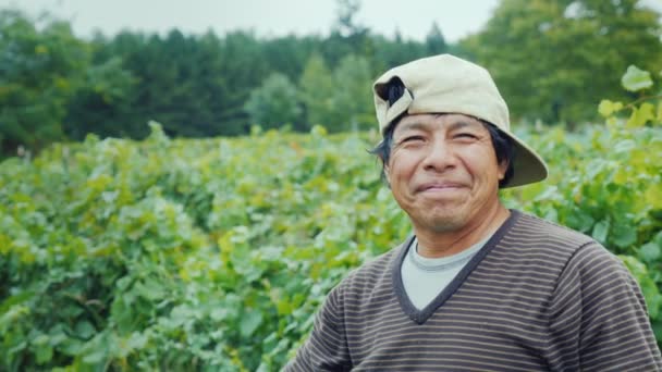 Retrato de un granjero mexicano sonriente. De pie en el campo, mirando a la cámara — Vídeo de stock