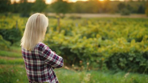 En kvinna bonde ser fram emot sin vingård. Ägaren av gården verksamheten. Bakifrån — Stockvideo