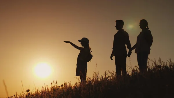 Silhouetten einer glücklichen Familie, gemeinsam treffen sie die Morgendämmerung an einem malerischen Ort — Stockfoto
