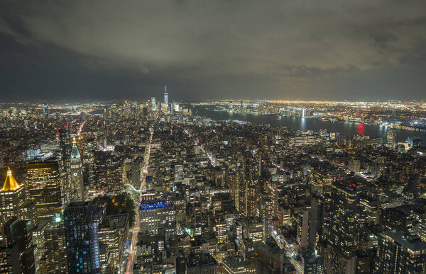 Twilight of Manhattan, New York. Aerial view