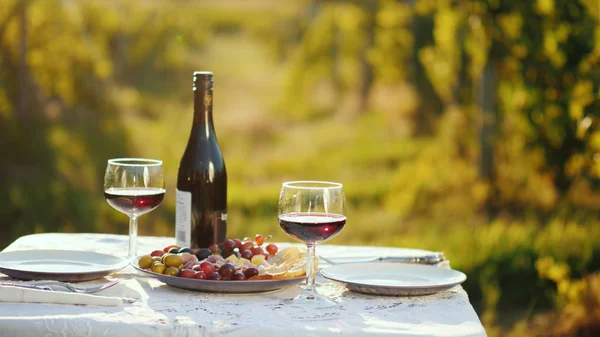 Egy üveg bort, a harapnivalókat az asztalon van. A háttérben elmosódott körvonalait a szőlőskert. Hely a romantikus vacsora — Stock Fotó