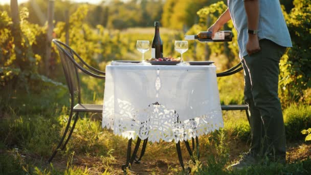 Un uomo versa il vino in un bicchiere, si prepara per una cena romantica nella natura — Video Stock