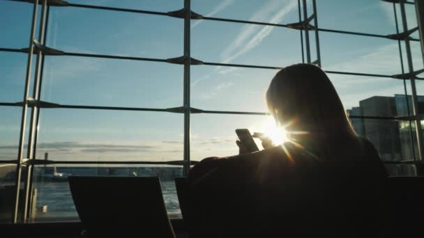 A silhueta de uma mulher, sentada de frente para uma grande janela no terminal do aeroporto, usa um smartphone. À espera do teu voo — Vídeo de Stock