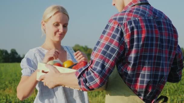 O consumidor tira uma caixa de legumes frescos das mãos do agricultor. Conceito de vegetais orgânicos frescos — Vídeo de Stock