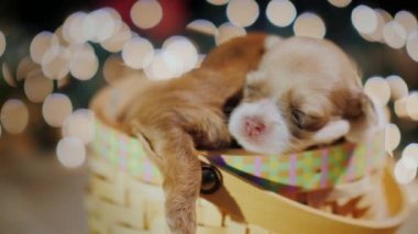 Bulanık ışıklar bir sepet arka planda uyuyan sevimli köpek yavrusu