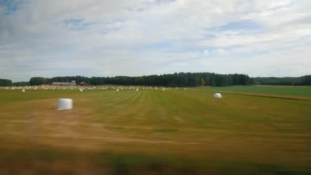 Vidéki táj Norvégiában - az ablakból láthatjuk azokat a mezőket, ahol a betakarítás után szalma halmok hevernek — Stock videók