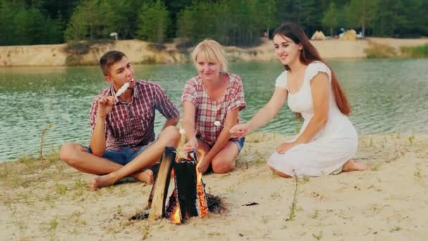 Společnost přátel kolem táborového ohně marshmallow peče dobrý čas — Stock video