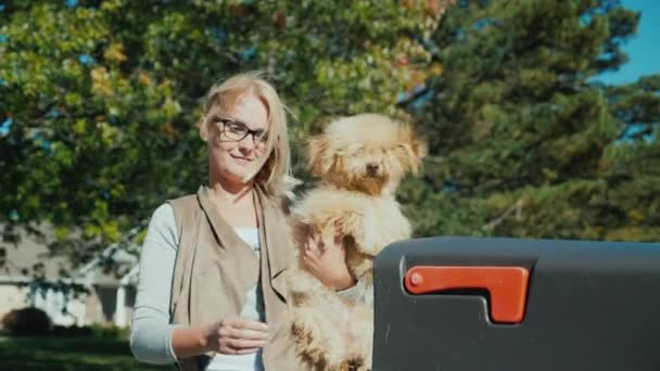 Женщина с собакой на руках забирает письма из почтового ящика — стоковое видео