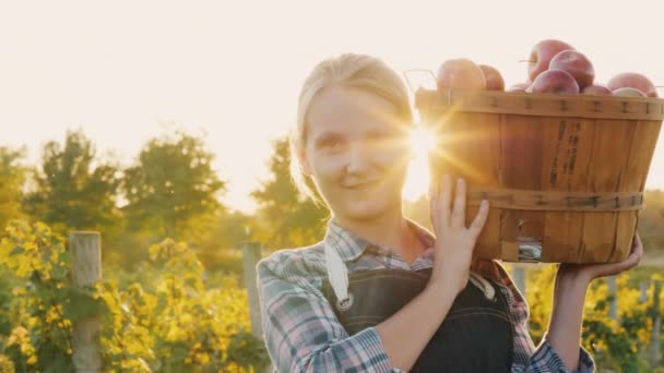 Πορτρέτο της γυναικείας αγρότης που κρατάει ένα καλάθι με μήλα στον ώμο του — Αρχείο Βίντεο